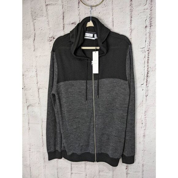Calvin Klein Other - Calvin Klein Mens Black Gray Merino Wool Blend Full Zip Sweater Hoodie Jacket Sz